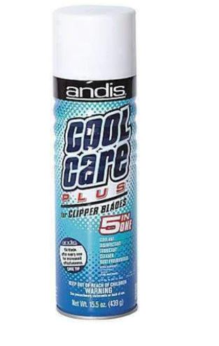 A can of Andis Cool Care Plus for Clipper Blades, which is a 5-in-1 maintenance product.